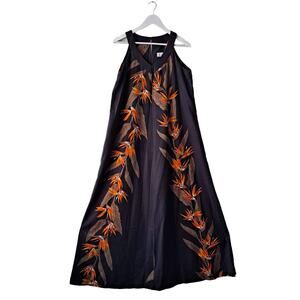 Nohea Dress Birds of Paradise Print Sleeveless Vneck Maxi Black Womens Large NWT